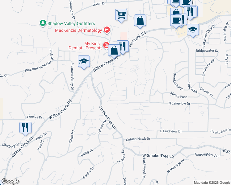 map of restaurants, bars, coffee shops, grocery stores, and more near 2823 College Heights Road in Prescott