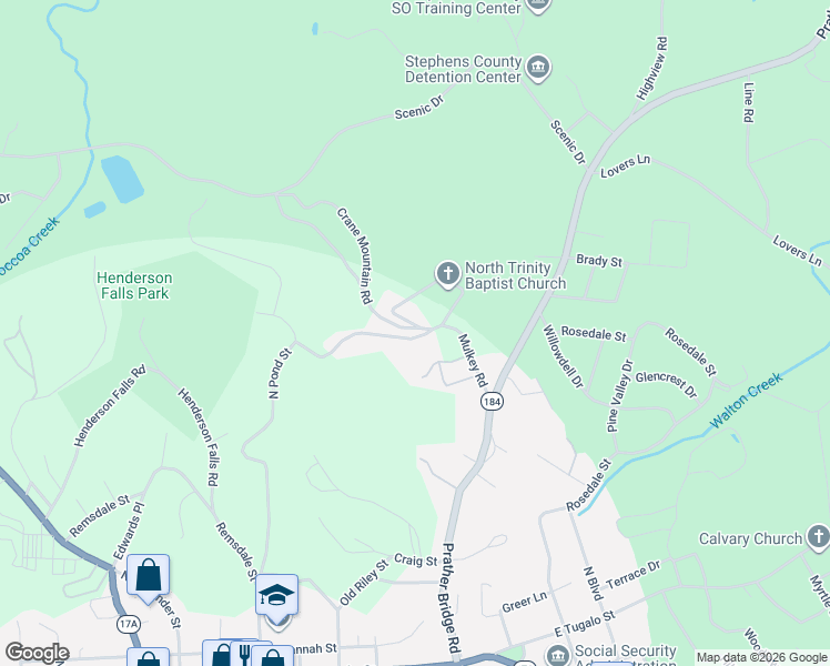map of restaurants, bars, coffee shops, grocery stores, and more near 39 Northside Drive in Toccoa