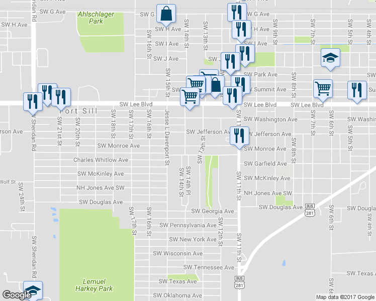 map of restaurants, bars, coffee shops, grocery stores, and more near 1312 Southwest Monroe Avenue in Lawton