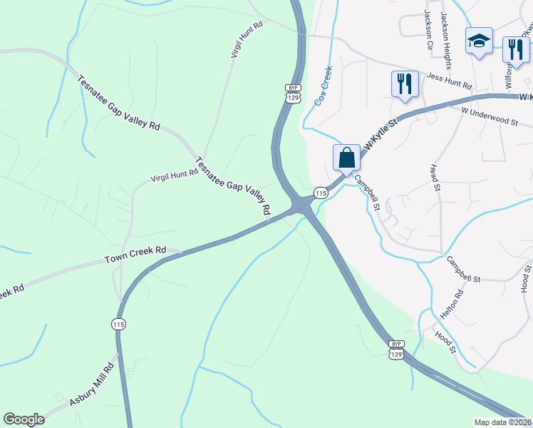 map of restaurants, bars, coffee shops, grocery stores, and more near 37 Tesnatee Gap Valley Road in Cleveland