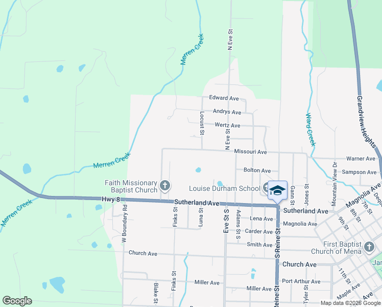 map of restaurants, bars, coffee shops, grocery stores, and more near 2213 Missouri Avenue in Mena