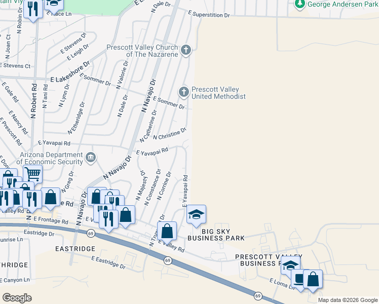 map of restaurants, bars, coffee shops, grocery stores, and more near 3385 North Yavapai Road East in Prescott Valley