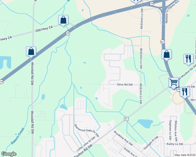 map of restaurants, bars, coffee shops, grocery stores, and more near 193 Sims Road Southwest in Decatur