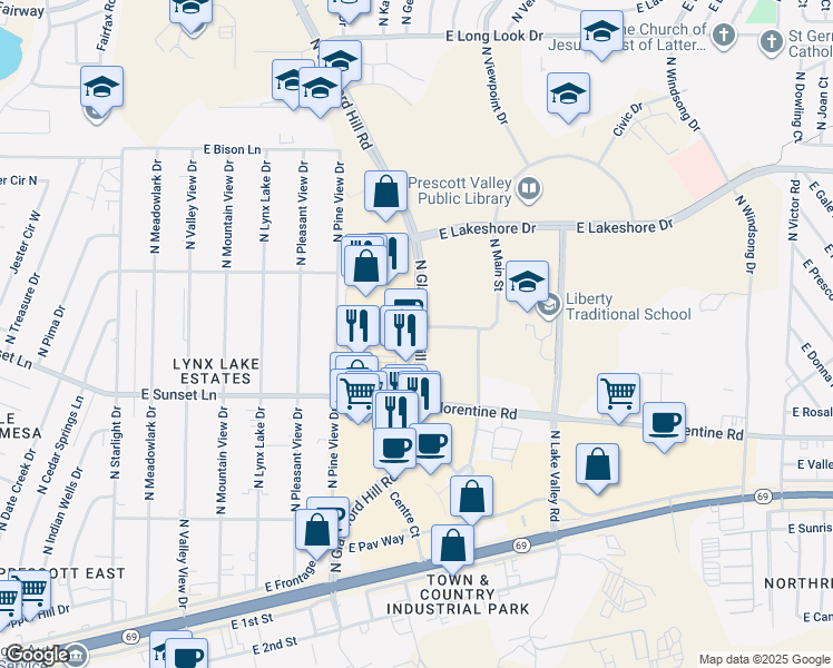 map of restaurants, bars, coffee shops, grocery stores, and more near 3280 North Glassford Hill Road in Prescott Valley