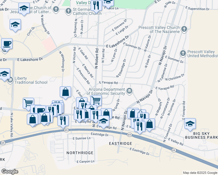 map of restaurants, bars, coffee shops, grocery stores, and more near 8333 East Yavapai Road in Prescott Valley