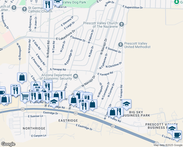 map of restaurants, bars, coffee shops, grocery stores, and more near 3349 North Needles Drive in Prescott Valley