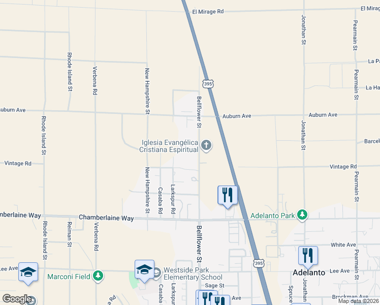 map of restaurants, bars, coffee shops, grocery stores, and more near 18772 Bellflower Street in Adelanto
