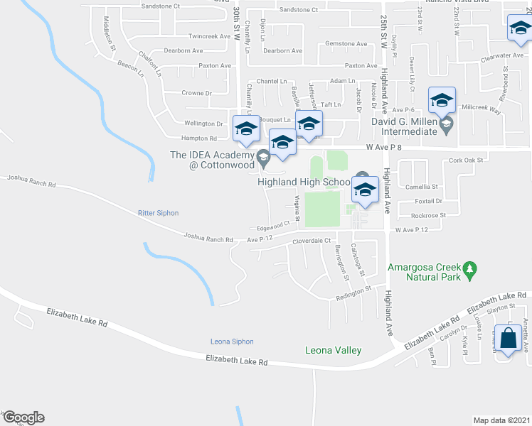 map of restaurants, bars, coffee shops, grocery stores, and more near 39013 Hubbard Street in Palmdale