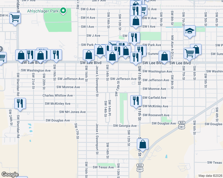 map of restaurants, bars, coffee shops, grocery stores, and more near 1308 Southwest Monroe Avenue in Lawton