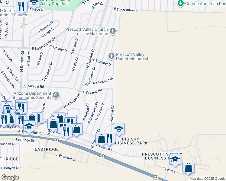 map of restaurants, bars, coffee shops, grocery stores, and more near 3385 North Yavapai Road East in Prescott Valley