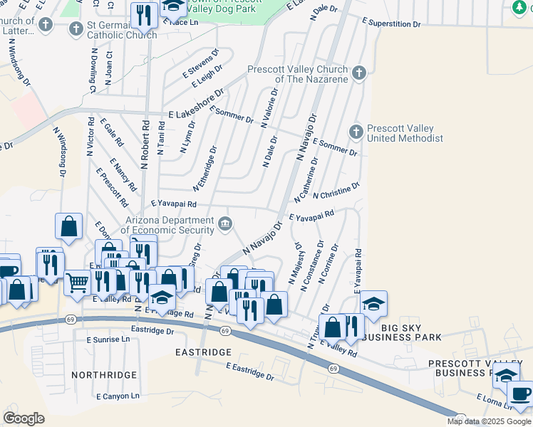 map of restaurants, bars, coffee shops, grocery stores, and more near 3349 North Needles Drive in Prescott Valley
