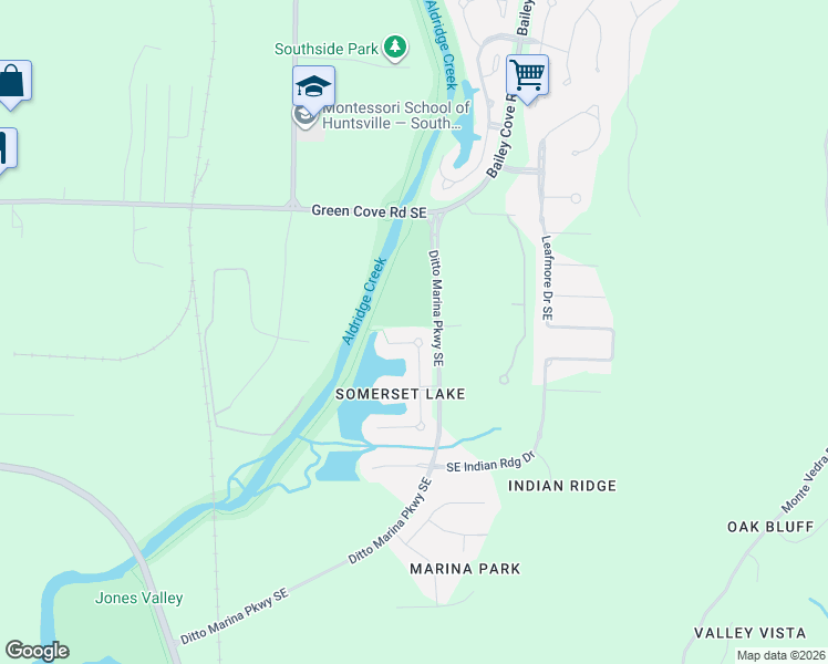 map of restaurants, bars, coffee shops, grocery stores, and more near 16013 Shropshire Drive Southeast in Huntsville