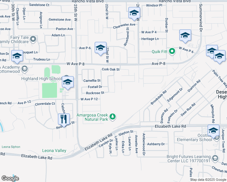 map of restaurants, bars, coffee shops, grocery stores, and more near 2155 Rockrose Street in Palmdale
