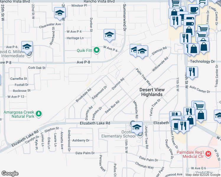 map of restaurants, bars, coffee shops, grocery stores, and more near 38961 Dianron Road in Palmdale