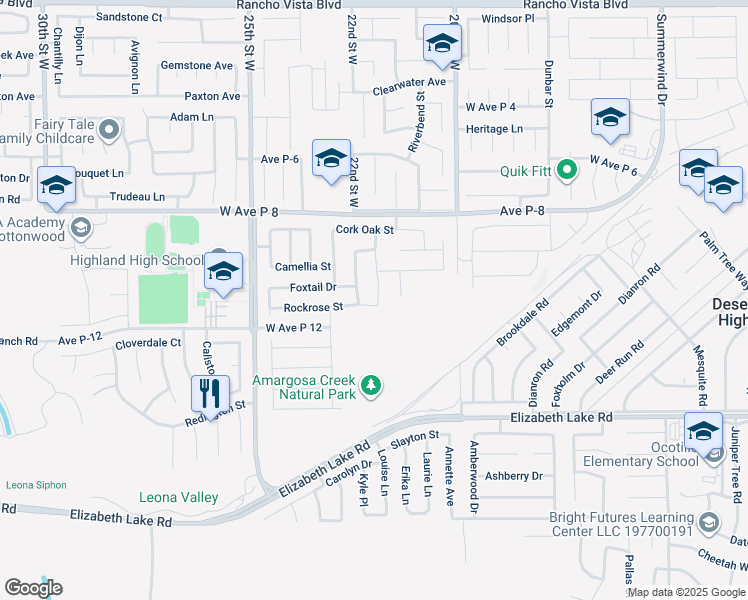 map of restaurants, bars, coffee shops, grocery stores, and more near 2155 Rockrose Street in Palmdale
