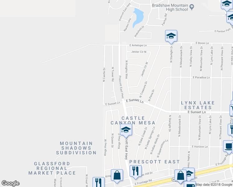 map of restaurants, bars, coffee shops, grocery stores, and more near 3295 North Tower Road in Prescott Valley