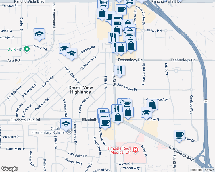 map of restaurants, bars, coffee shops, grocery stores, and more near 39026 11th Street West in Palmdale