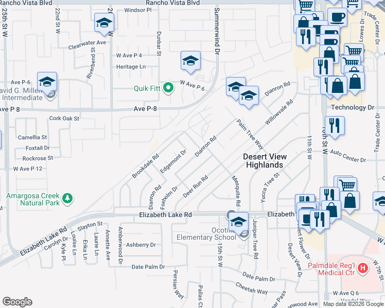 map of restaurants, bars, coffee shops, grocery stores, and more near 38961 Dianron Road in Palmdale