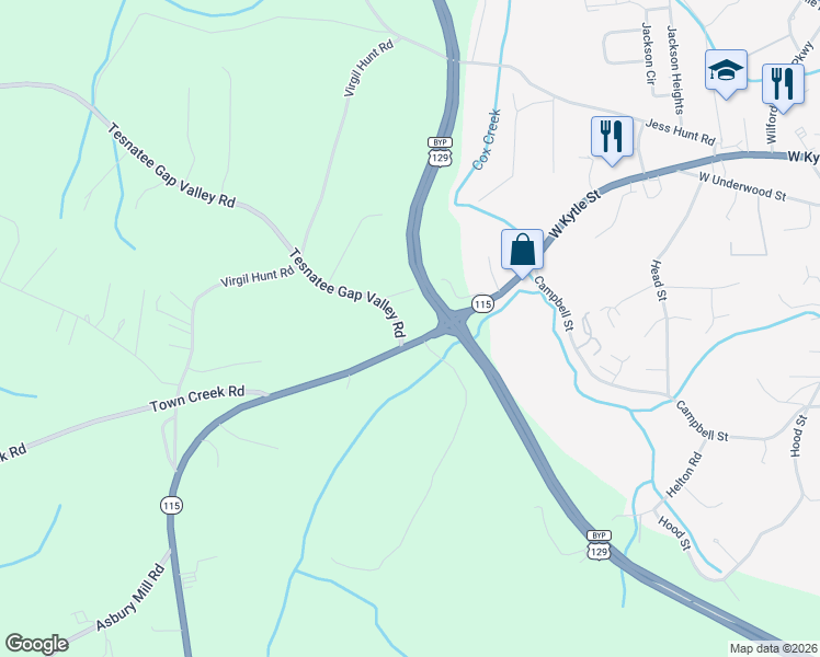 map of restaurants, bars, coffee shops, grocery stores, and more near 56 Tesnatee Gap Valley Road in Cleveland