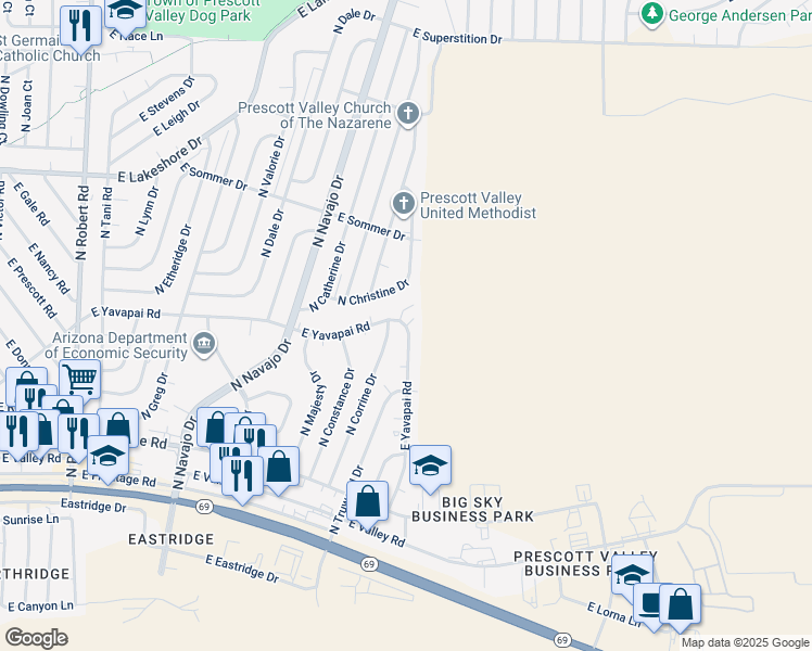 map of restaurants, bars, coffee shops, grocery stores, and more near 8900 East Yavapai Road in Prescott Valley