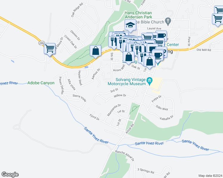 map of restaurants, bars, coffee shops, grocery stores, and more near 247 3rd Street in Solvang
