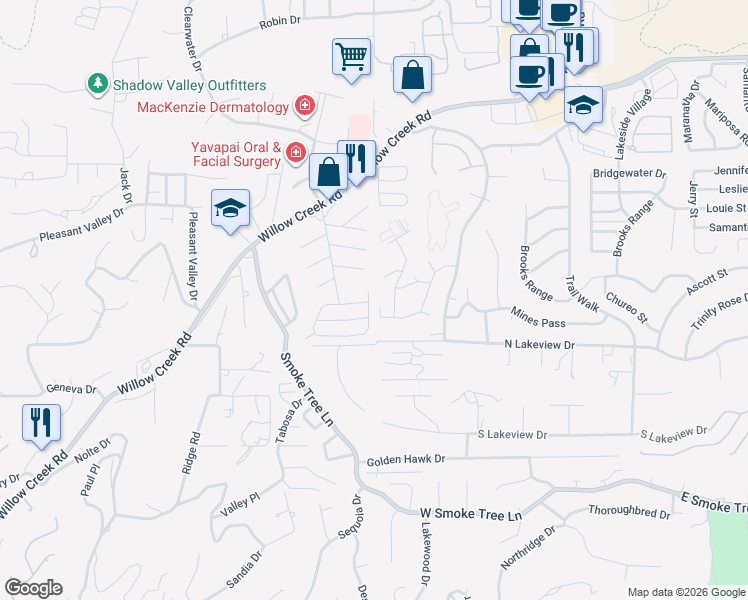 map of restaurants, bars, coffee shops, grocery stores, and more near 2627 College Heights Drive in Prescott