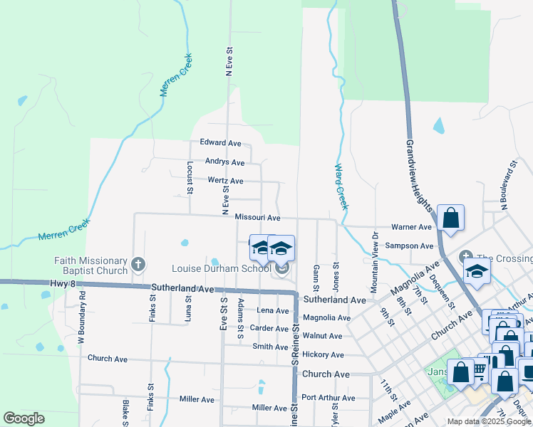 map of restaurants, bars, coffee shops, grocery stores, and more near 1705 Missouri Avenue in Mena