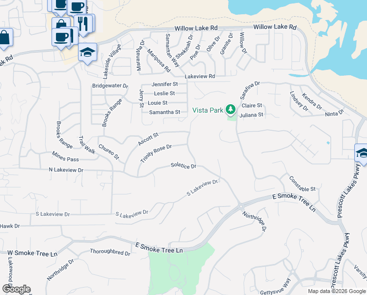 map of restaurants, bars, coffee shops, grocery stores, and more near 1749 Trinity Rose Drive in Prescott