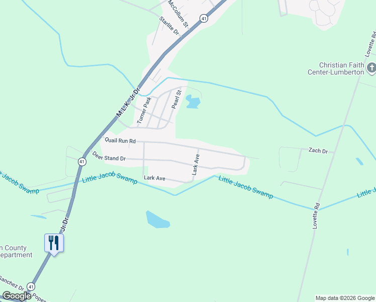 map of restaurants, bars, coffee shops, grocery stores, and more near 424 Quail Run Road in Lumberton
