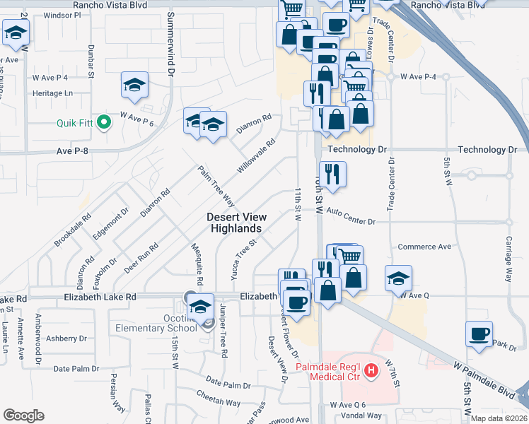 map of restaurants, bars, coffee shops, grocery stores, and more near 38996 Juniper Tree Road in Palmdale