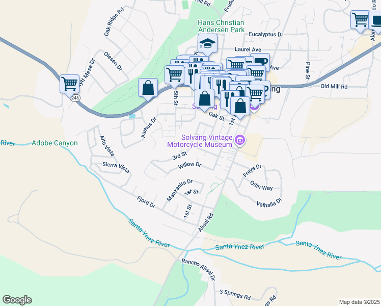 map of restaurants, bars, coffee shops, grocery stores, and more near 268 3rd Street in Solvang