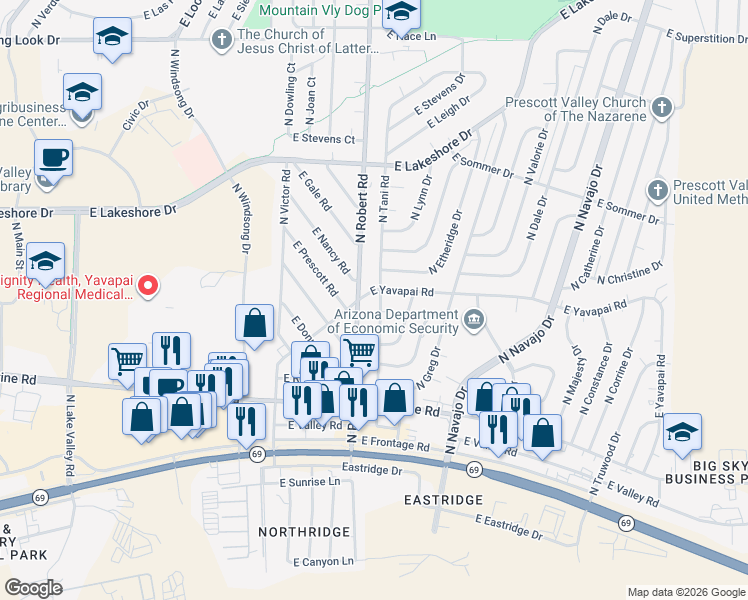 map of restaurants, bars, coffee shops, grocery stores, and more near 3328 North Tani Road in Prescott Valley