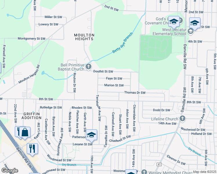 map of restaurants, bars, coffee shops, grocery stores, and more near 1605 Marion Street Southwest in Decatur
