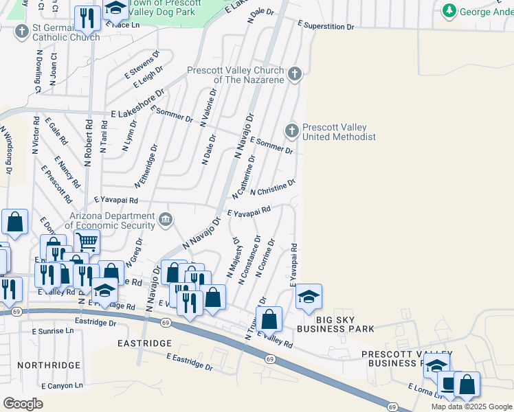 map of restaurants, bars, coffee shops, grocery stores, and more near 8836 East Yavapai Road in Prescott Valley