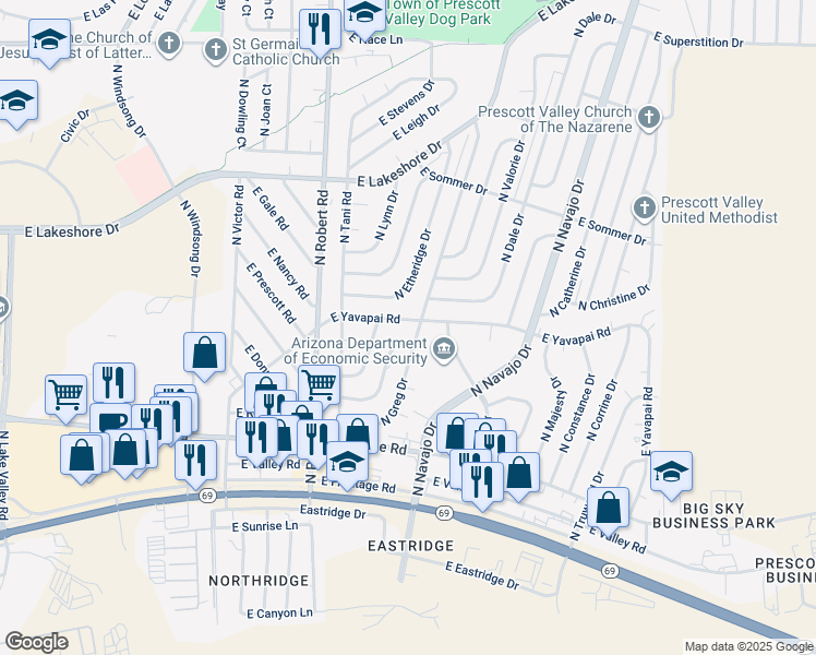 map of restaurants, bars, coffee shops, grocery stores, and more near 8419 East Yavapai Road in Prescott Valley