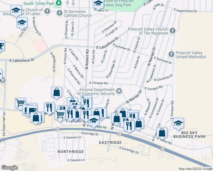 map of restaurants, bars, coffee shops, grocery stores, and more near 8419 East Yavapai Road in Prescott Valley