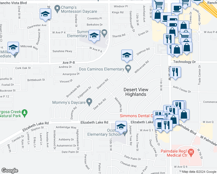 map of restaurants, bars, coffee shops, grocery stores, and more near 38964 Mesquite Road in Palmdale