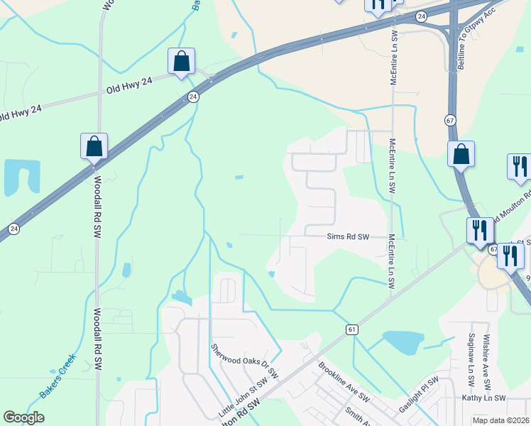map of restaurants, bars, coffee shops, grocery stores, and more near 193 Sims Road Southwest in Decatur