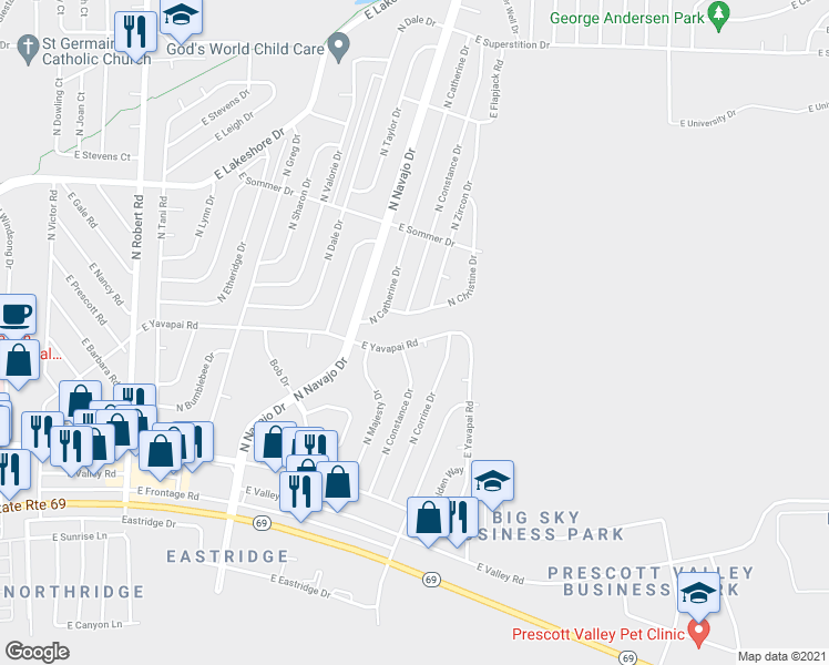 map of restaurants, bars, coffee shops, grocery stores, and more near 8836 East Yavapai Road in Prescott Valley