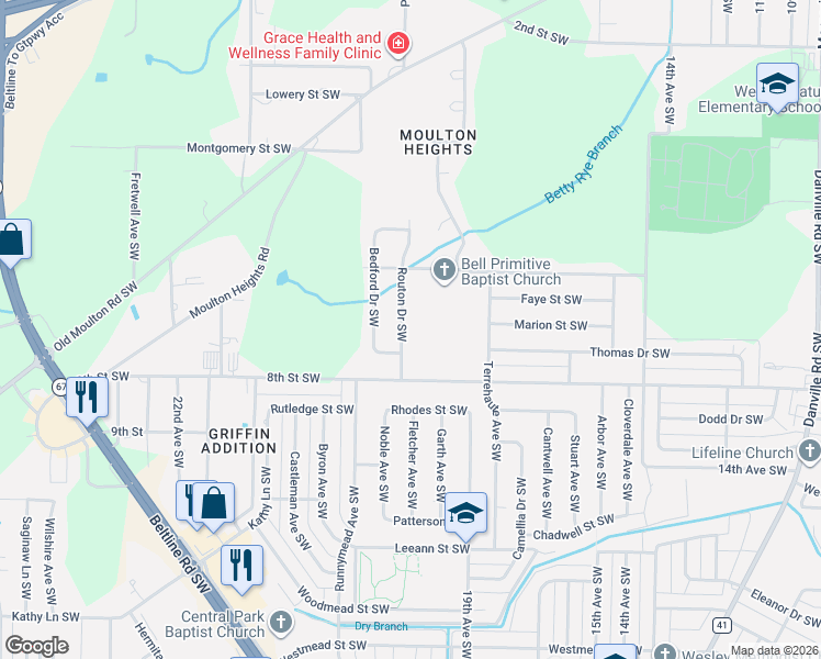 map of restaurants, bars, coffee shops, grocery stores, and more near 1020 Routon Drive Southwest in Decatur