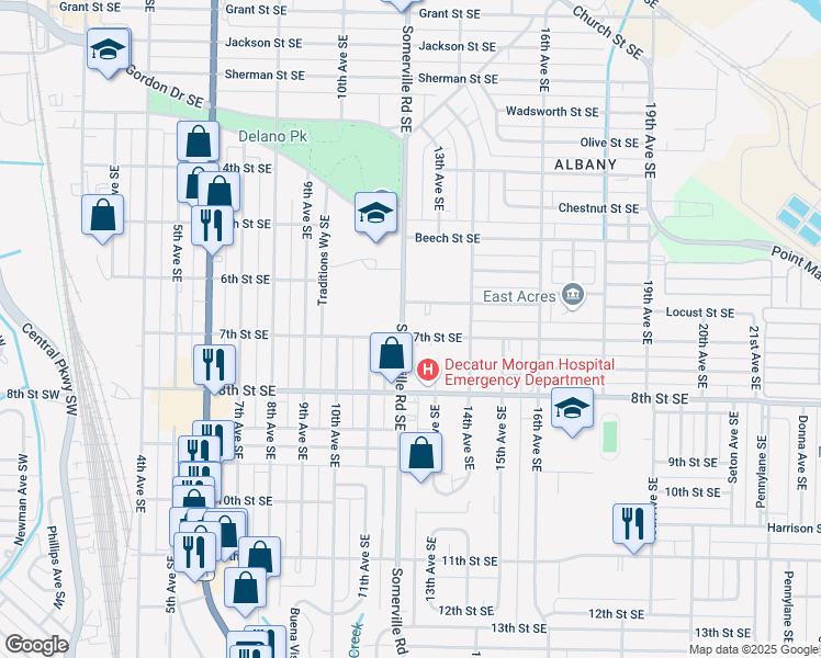 map of restaurants, bars, coffee shops, grocery stores, and more near 1024 Somerville Road Southeast in Decatur
