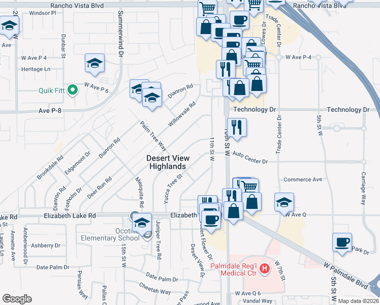 map of restaurants, bars, coffee shops, grocery stores, and more near 38996 Juniper Tree Road in Palmdale