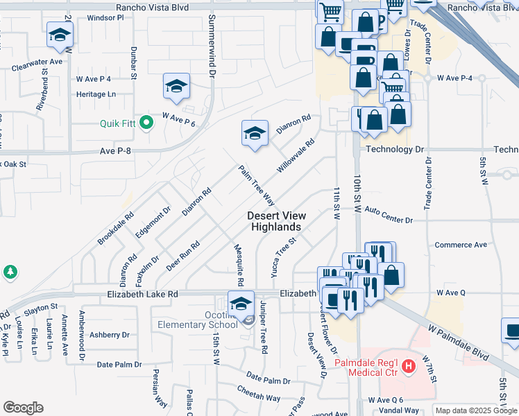 map of restaurants, bars, coffee shops, grocery stores, and more near 38975 Ocotillo Drive in Palmdale