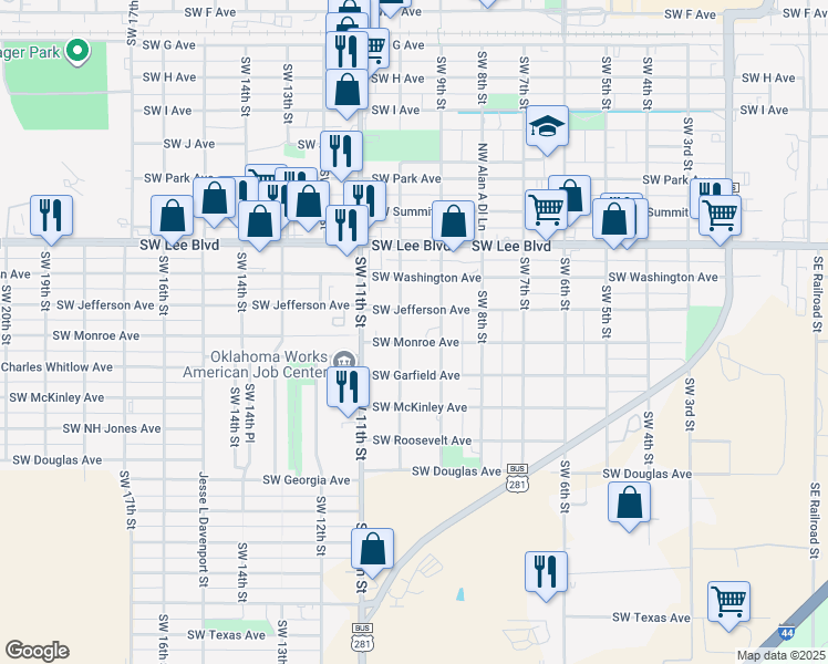 map of restaurants, bars, coffee shops, grocery stores, and more near 1408 Southwest 10th Street in Lawton