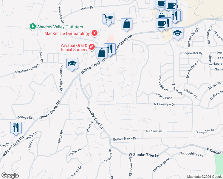 map of restaurants, bars, coffee shops, grocery stores, and more near 2627 College Heights Drive in Prescott