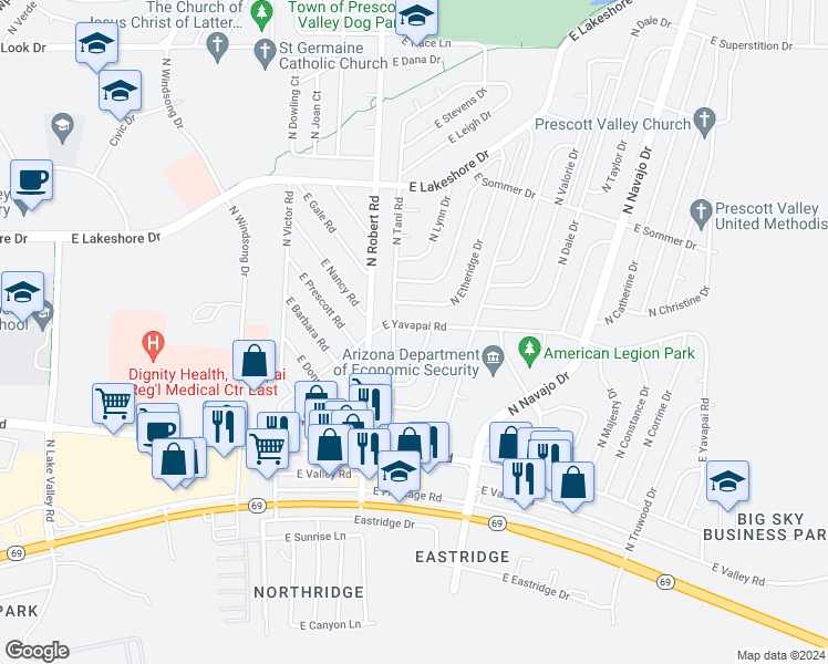map of restaurants, bars, coffee shops, grocery stores, and more near 8333 East Yavapai Road in Prescott Valley