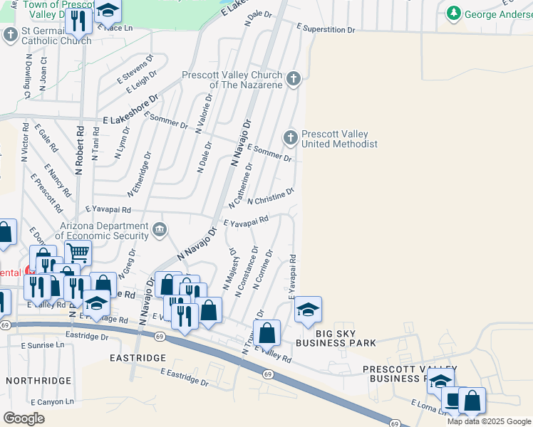 map of restaurants, bars, coffee shops, grocery stores, and more near 8836 East Yavapai Road in Prescott Valley