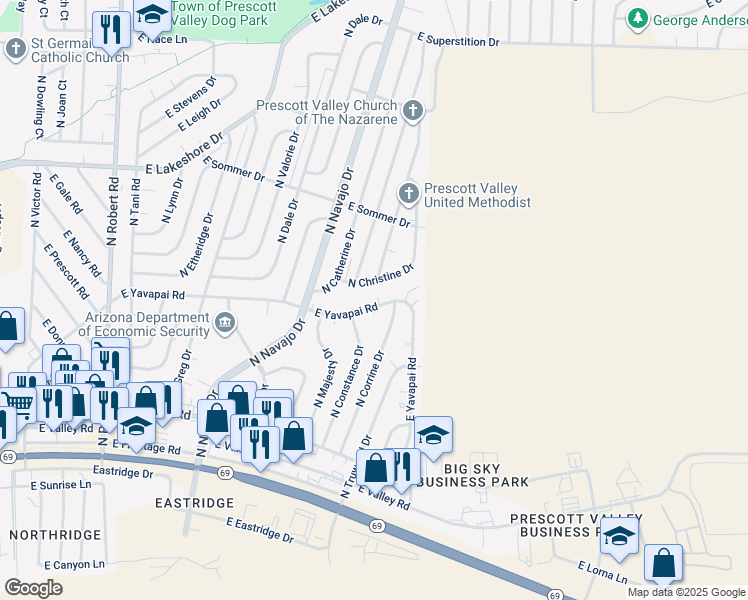 map of restaurants, bars, coffee shops, grocery stores, and more near 8836 East Yavapai Road in Prescott Valley