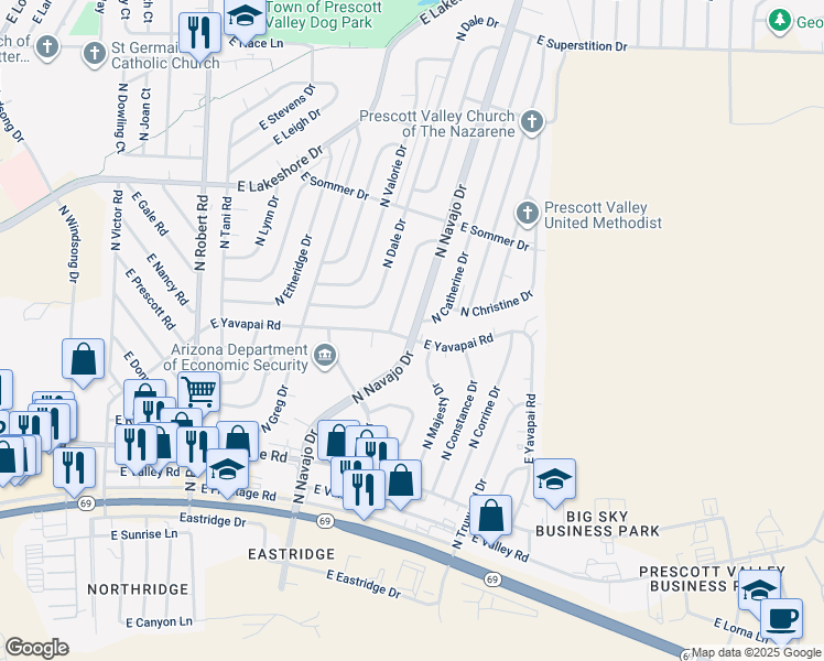 map of restaurants, bars, coffee shops, grocery stores, and more near 3349 North Needles Drive in Prescott Valley