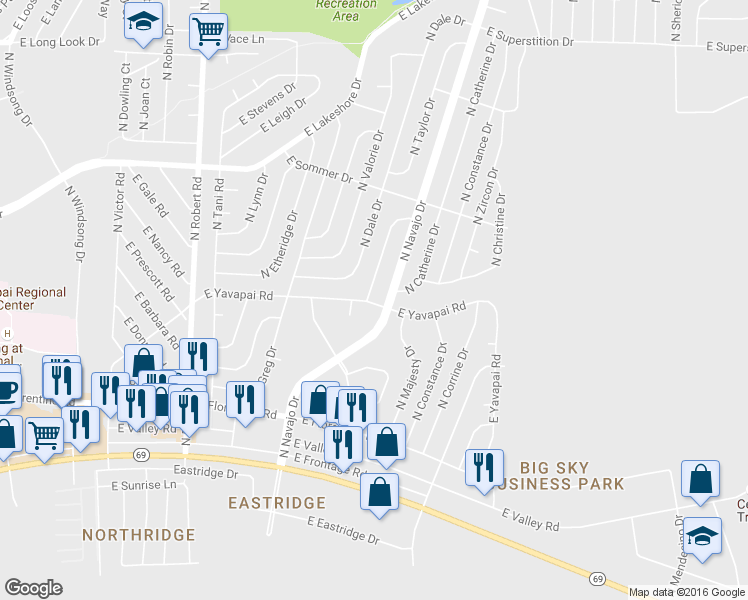 map of restaurants, bars, coffee shops, grocery stores, and more near 3349 North Needles Drive in Prescott Valley